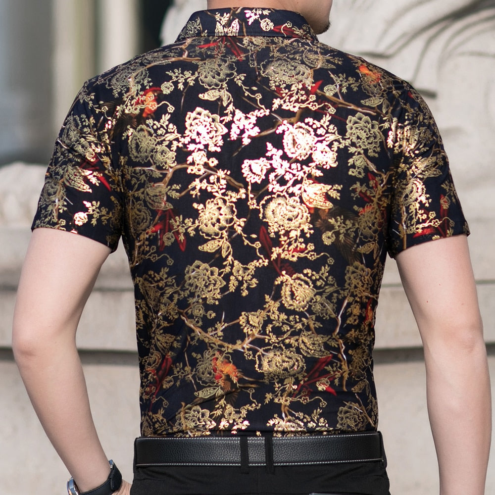 Gold Floral Printed Polyester Shirt