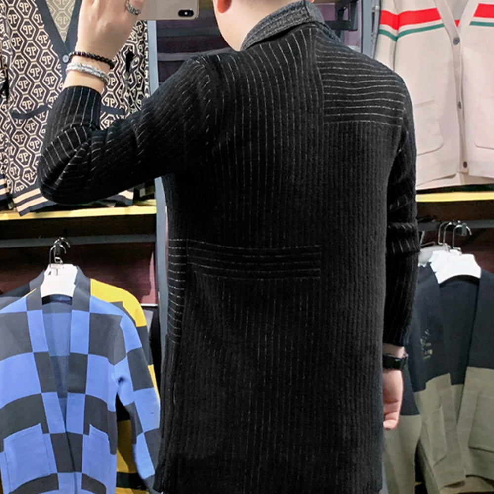 Stripes Knitting Decorated Long Windbreaker Cardigan