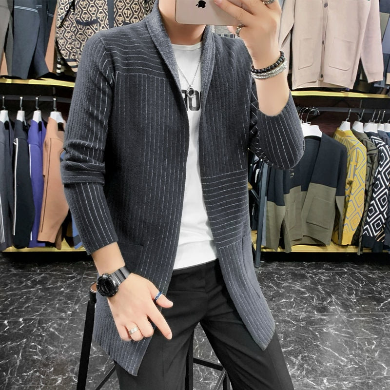 Stripes Knitting Decorated Long Windbreaker Cardigan