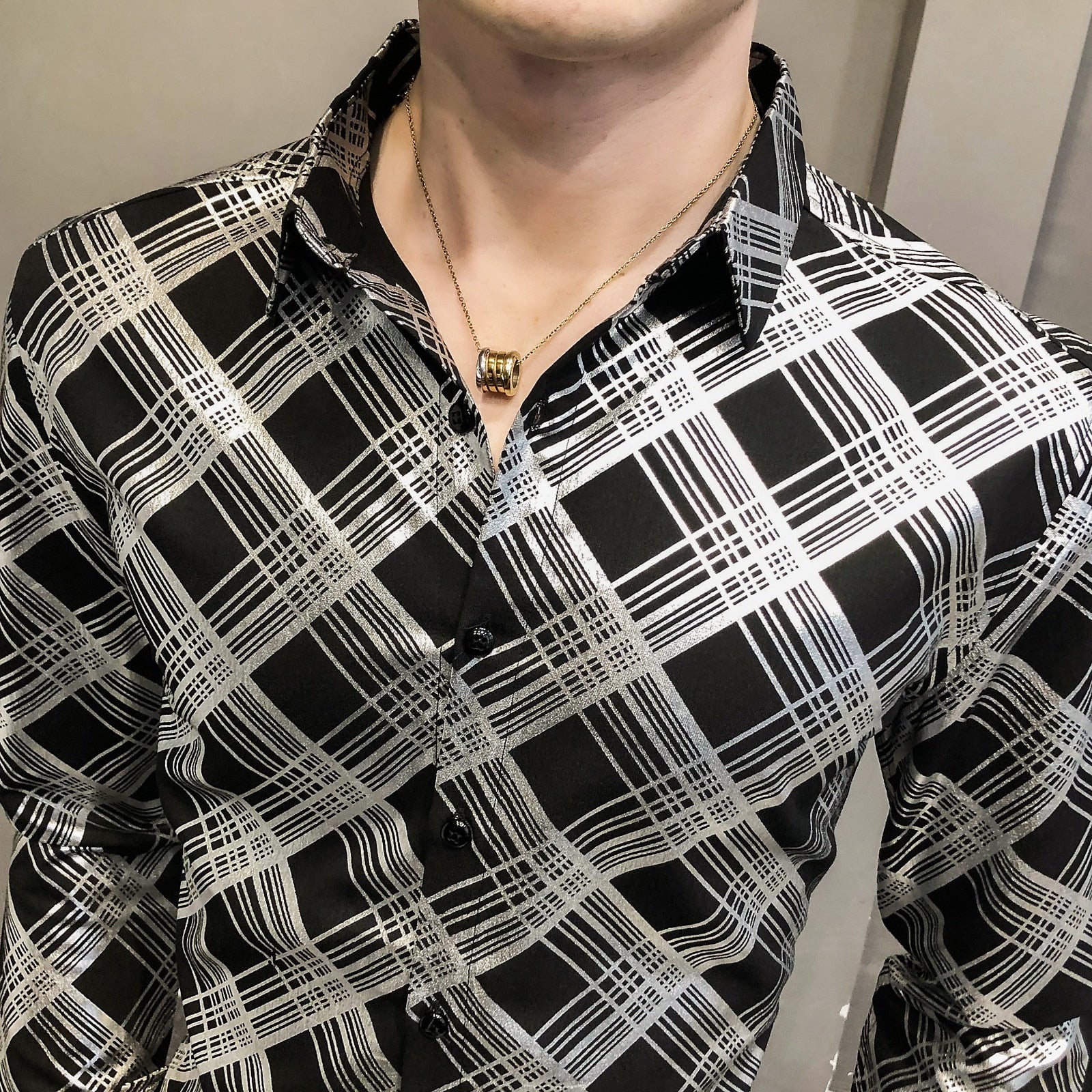 Diagonal Lattice Printed Long-Sleeved Shirts