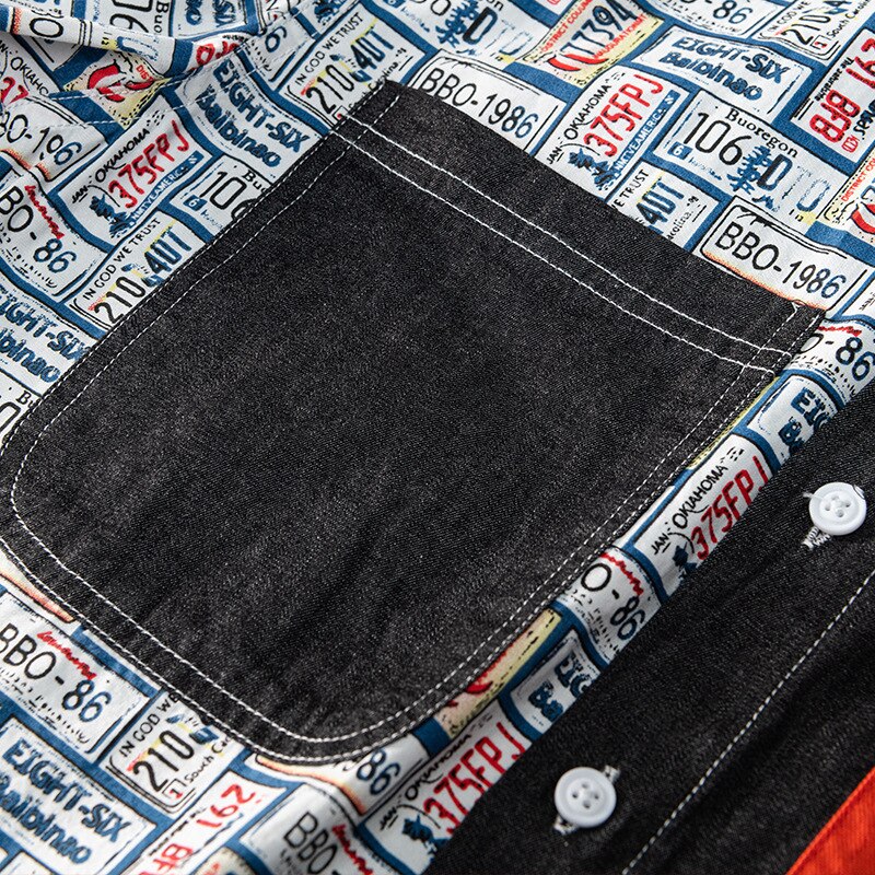Camisa vaquera de patchwork con números de placas divertidas