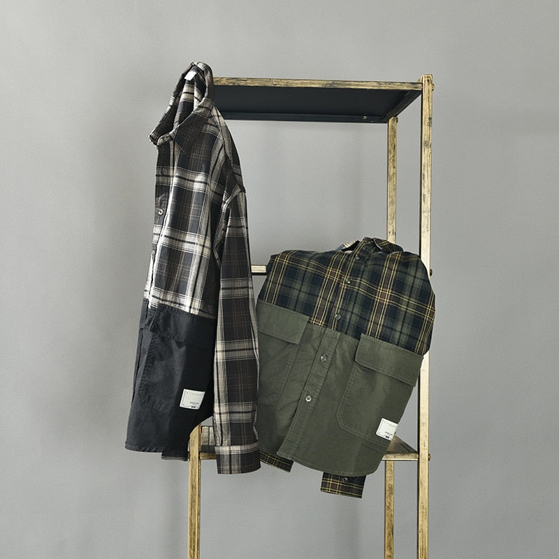 Vintage Plaid and Solid Combination Pocketed Shirt
