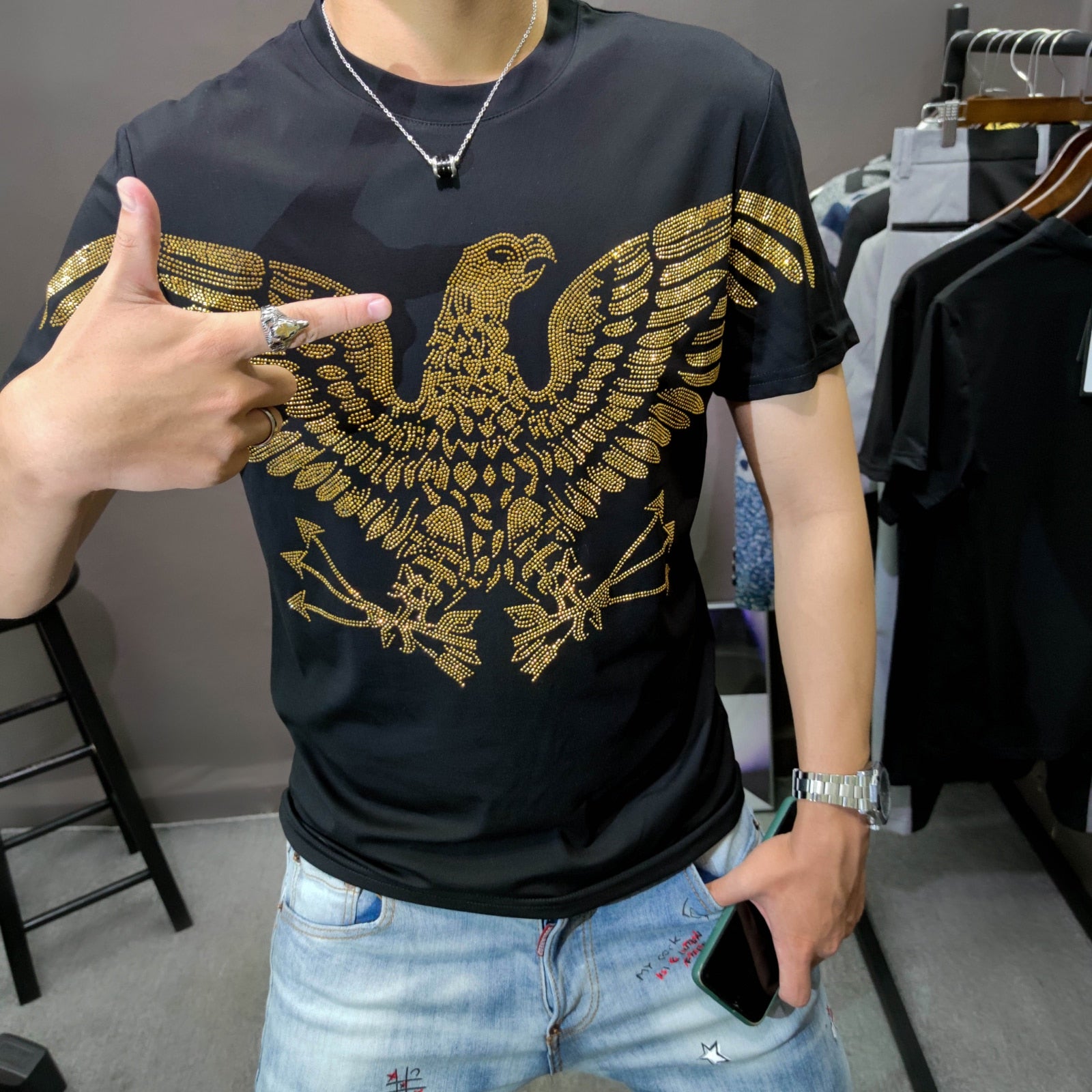 Soaring Eagle Rhinestones Decorated Streetwear T-Shirt