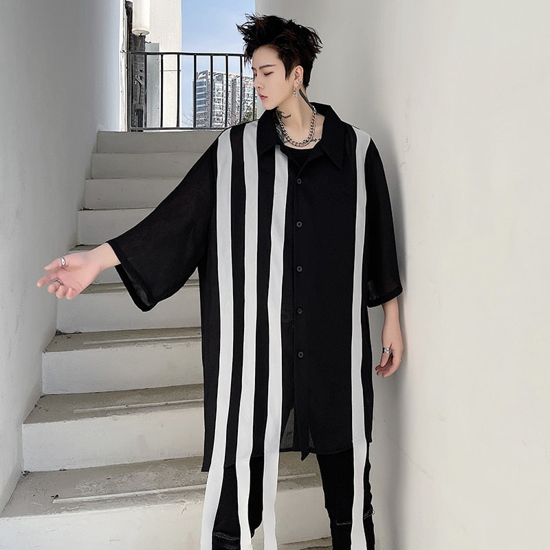 Contrast Stripe Patchwork Decorated Shirt