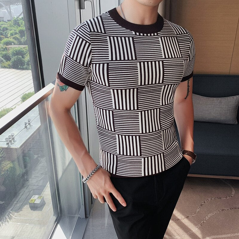 Contras Plaid Color Striped O-Neck T-Shirt
