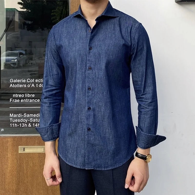 Solid Blue Denim Long Sleeve Shirt
