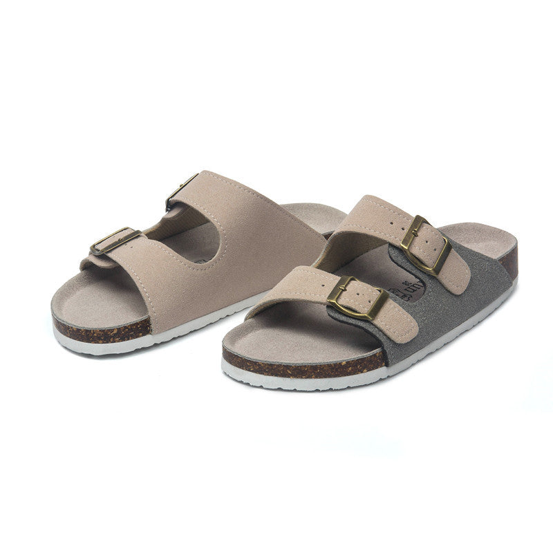 Wood Cork Suede Buckle Flip-Flops Sandals