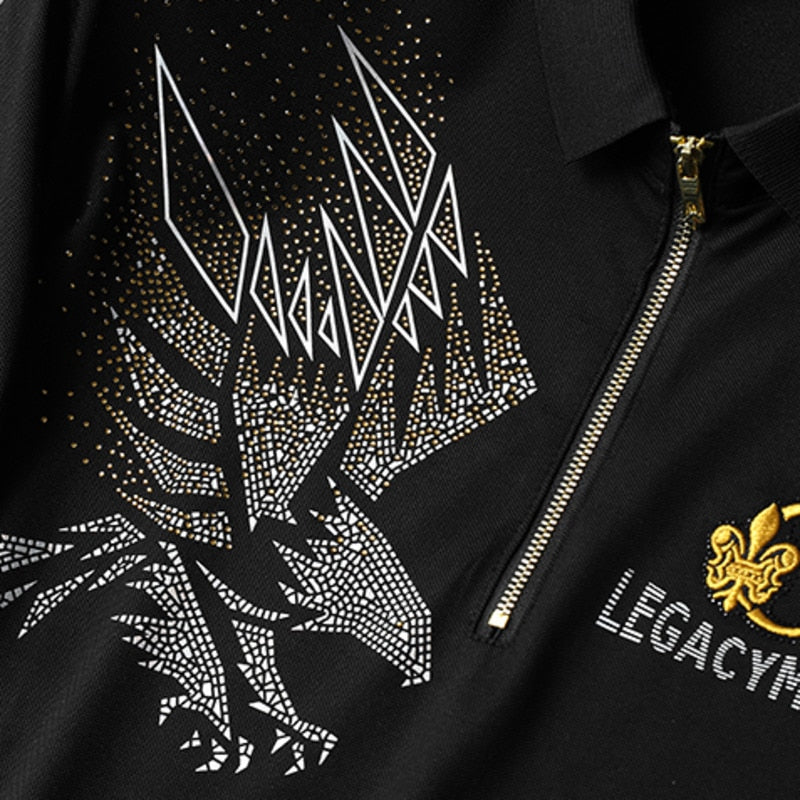 Embroidered Eagle Rhinestones Shorts Sleeve Polo Shirt