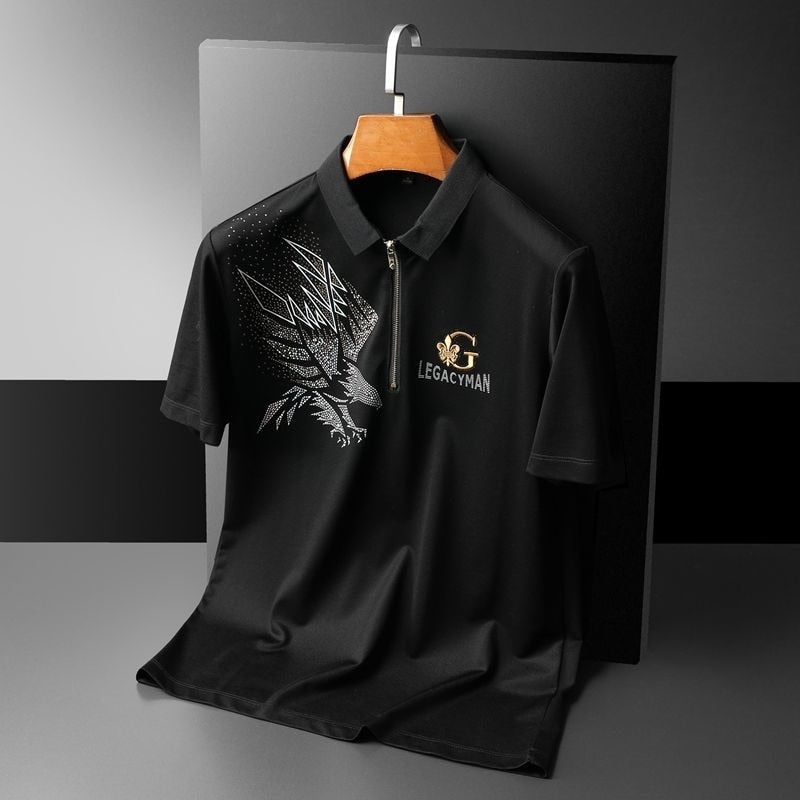 Embroidered Eagle Rhinestones Shorts Sleeve Polo Shirt