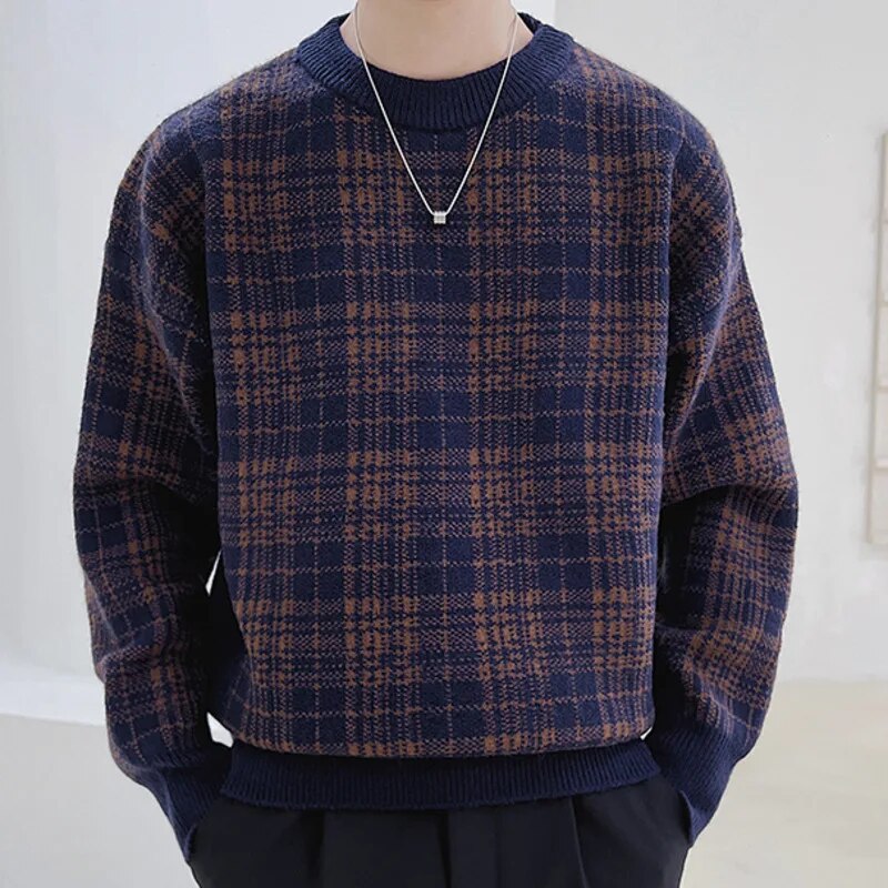 Knitted Round Neck Plaid Contrast Sweater