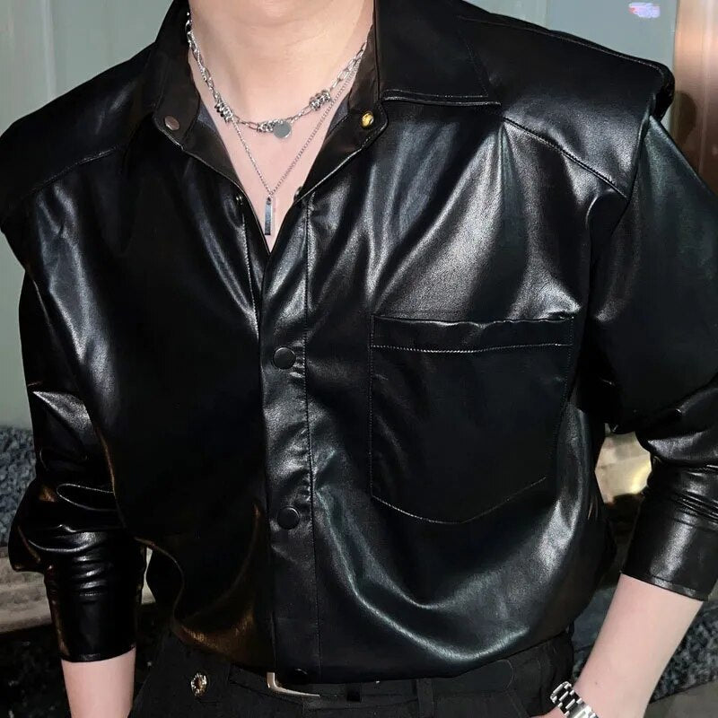 Black Solid PU Leather Shirt