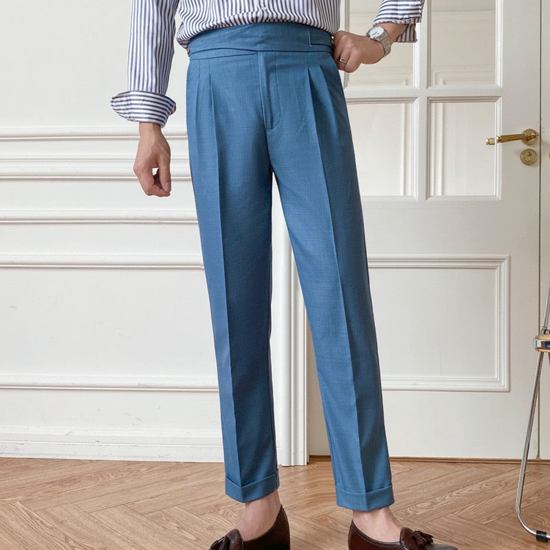 Solid Color High Waist Polyester Trousers
