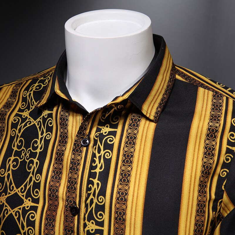 Retro Black Gold Print Short Sleeve Shirt