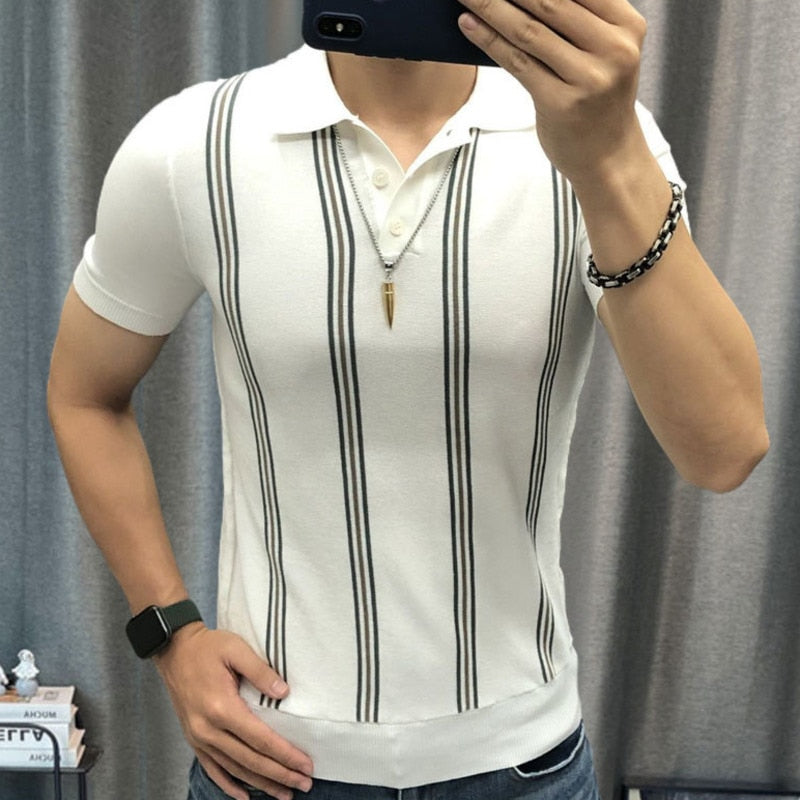 Striped Contrast Stitching Short Sleeve Polo Shirt
