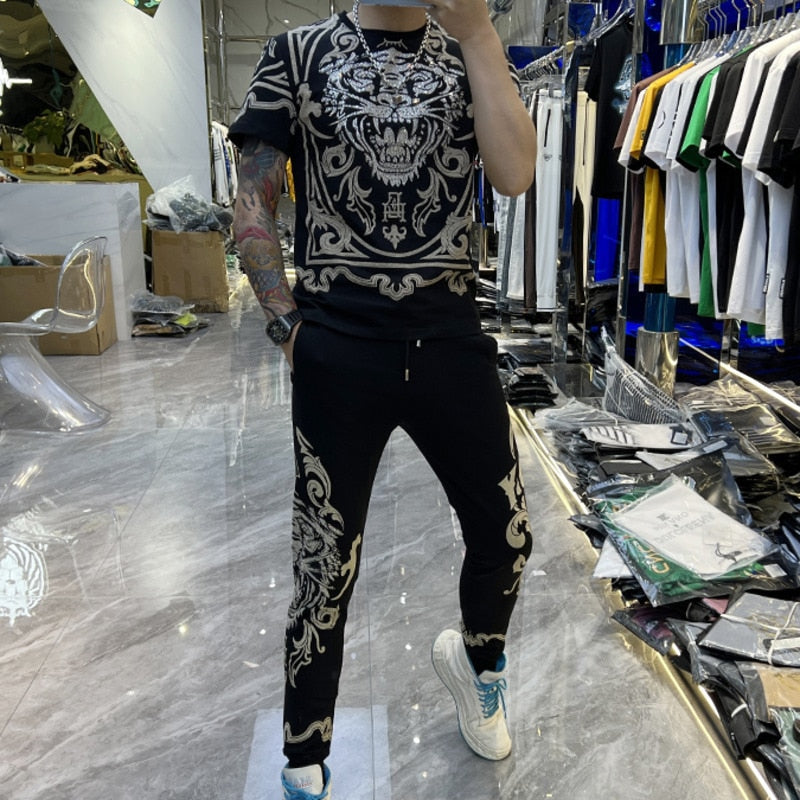Trend Tiger Head Rhinestone Pants Set