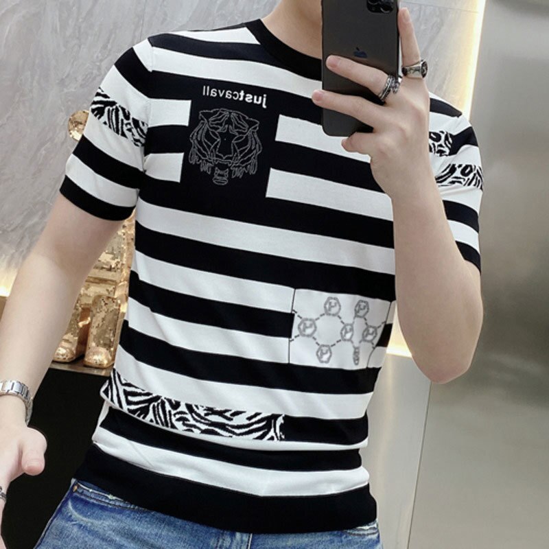 Tiger Head Print Black White Stripe T-Shirt