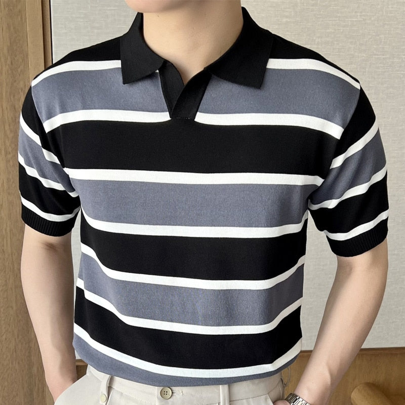 Vintage Big Stripe Contrast Color Polo Shirt