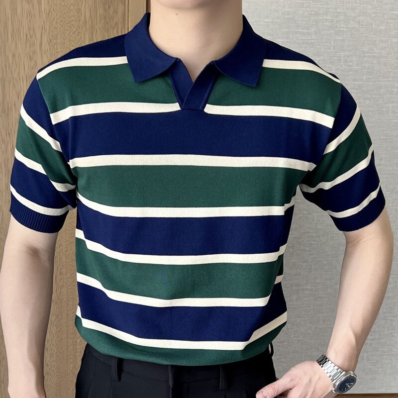 Vintage Big Stripe Contrast Color Polo Shirt