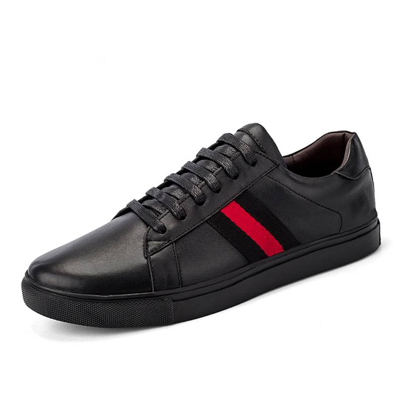 Sneaker décontracté en cuir véritable noir avec ruban rouge pour hommes