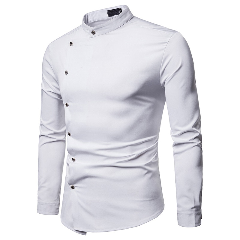 Chemise à manches longues pour hommes à col mandarin avec boutons obliques blancs et noirs unis