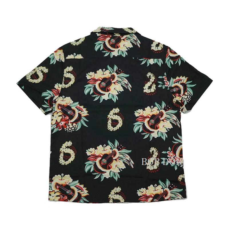 Guitar Floral Print Casual Hawaiian Shirt