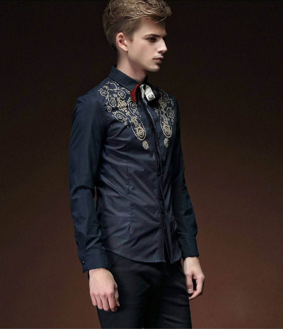 Motif floral royal sur le haut de la poitrine pour homme Slim Fit Dandy Shirt