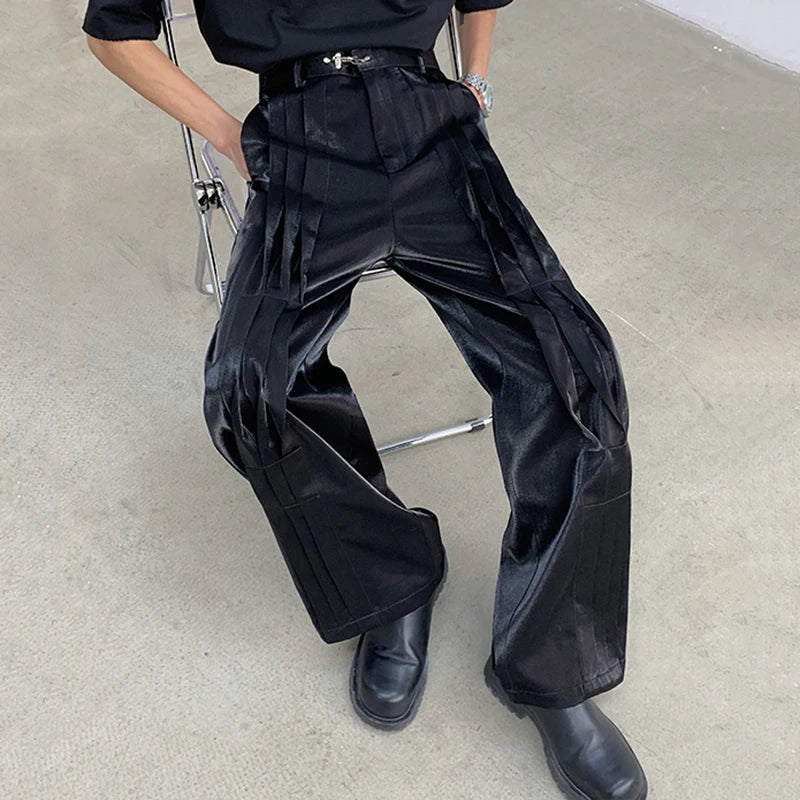Black Pleated Metal Buckle Design Trousers