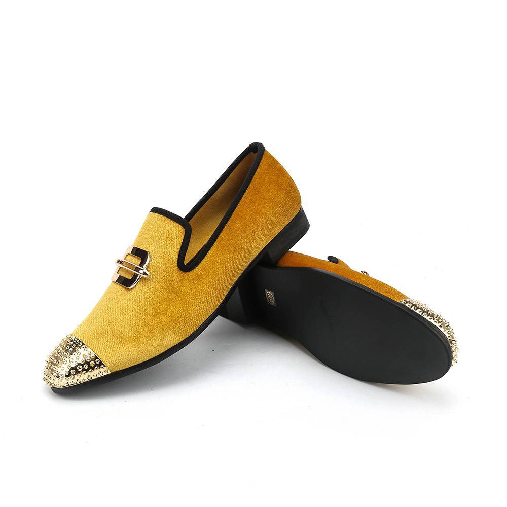 Yellow Gold Velvet with Rivets Toe Men Loafers Shoes
