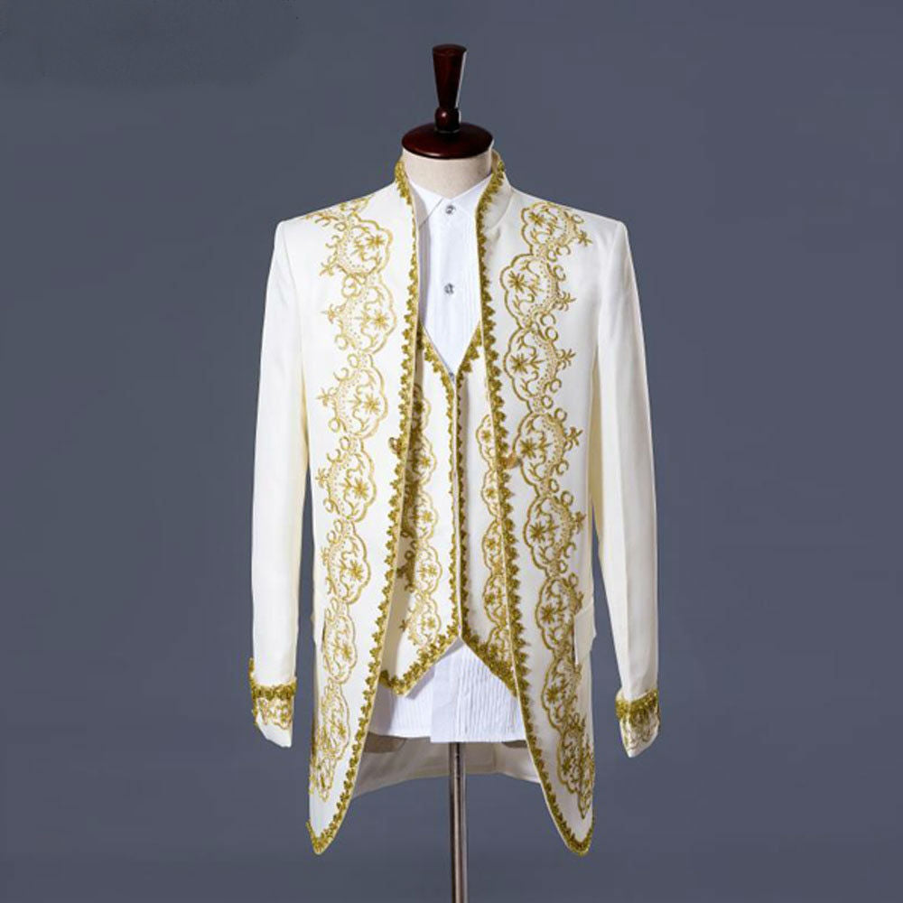 White or Black with Classic Gold Embroidery Three Pieces Set Design Men Costume Suits