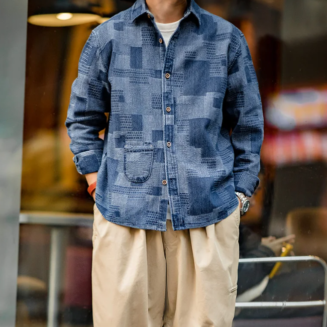 Retro Jacquard Patchwork Denim Shirt