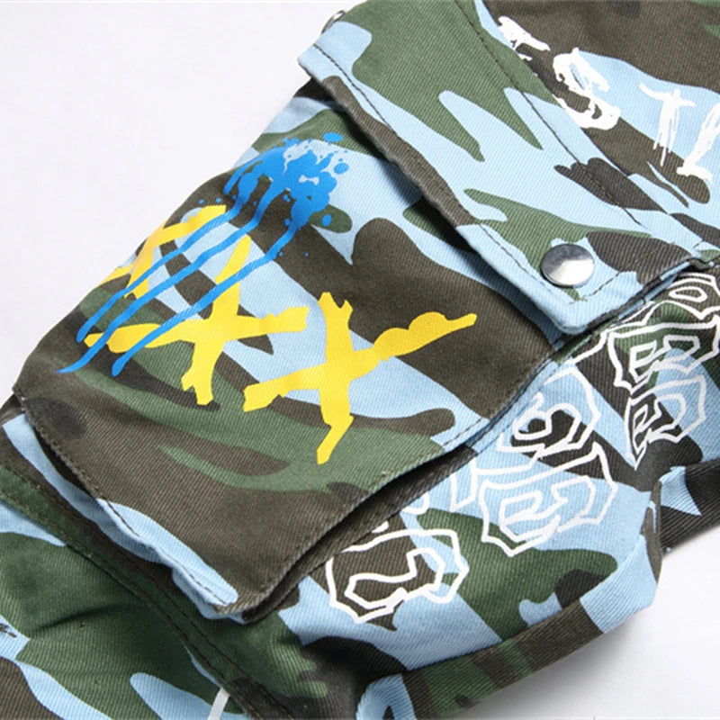 Multi-Pocket Camouflage Color Print Jeans