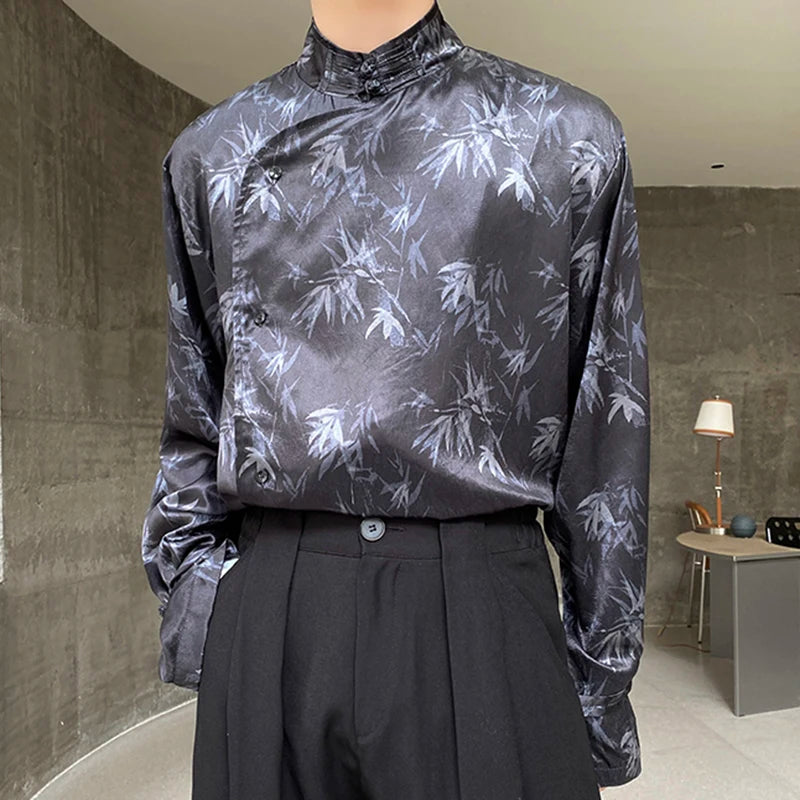 Leaves Printed Side Button Chinese Style Shirt