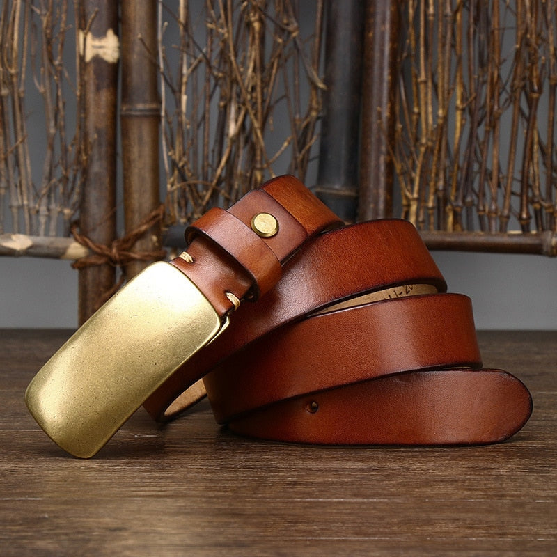 Smooth Copper Buckle Genuine Leather Belt