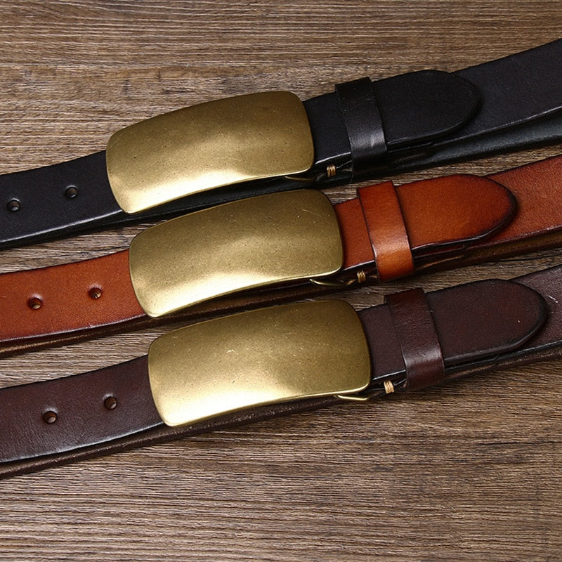 Smooth Copper Buckle Genuine Leather Belt