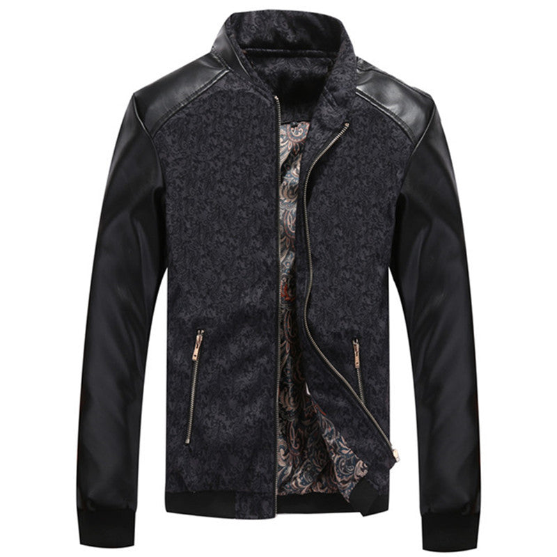 Contraste Paisley patrón combinación estilo PU cuero mangas hombres Slim Fit chaqueta