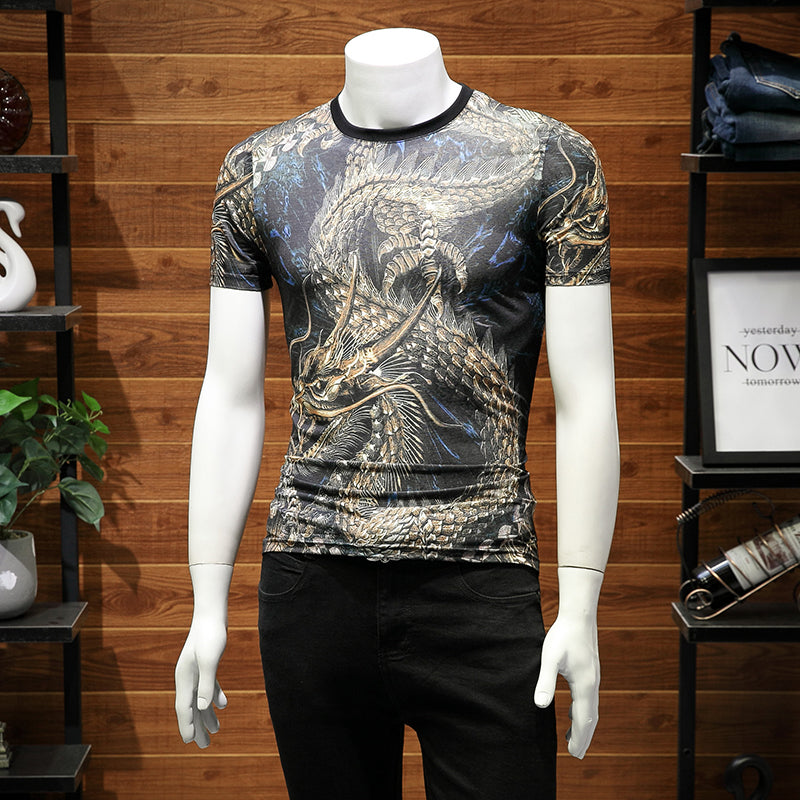 Dragon with Horn Chinese Style Printing men T-Shirt