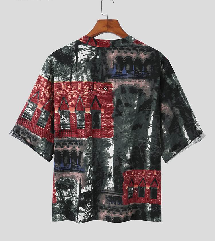 Mandarin Collar Abstrac Printed Short Sleeve Shirt