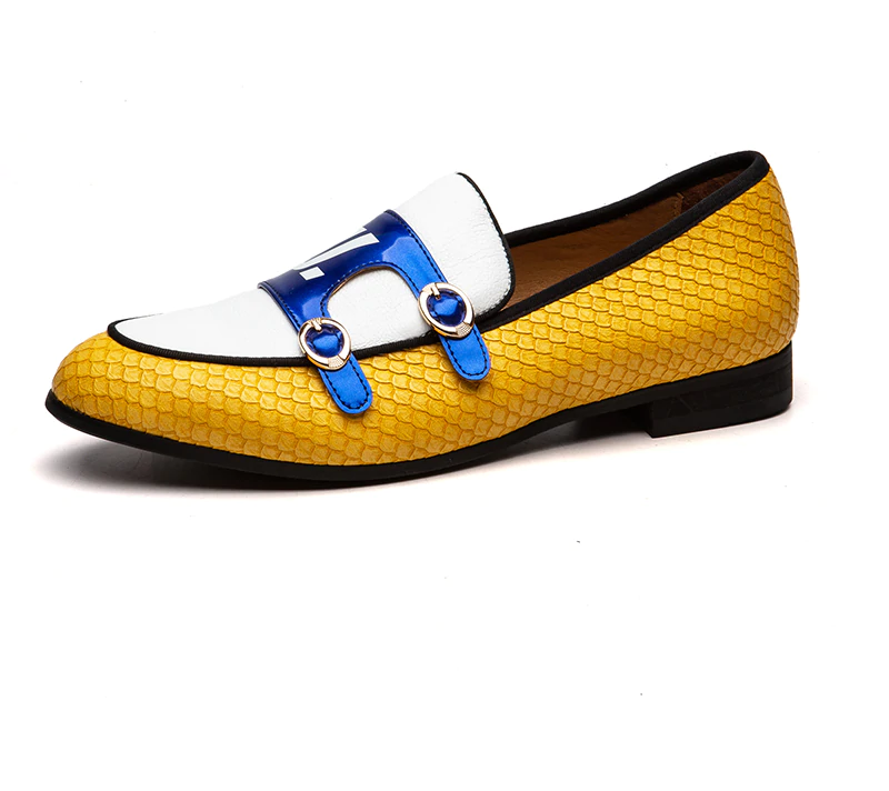 Yellow White Monk Strap Casual Men Leather Shoes