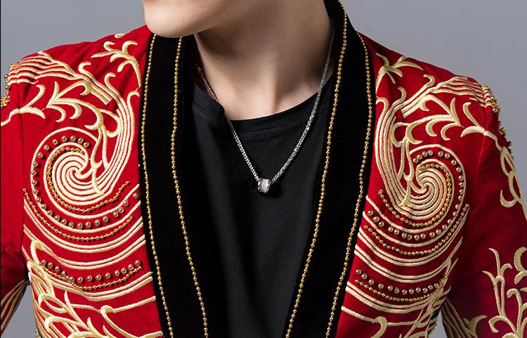 Red Navy Combination Gold Baroque Art Embroidery Men Black Blazer for Stage Performer