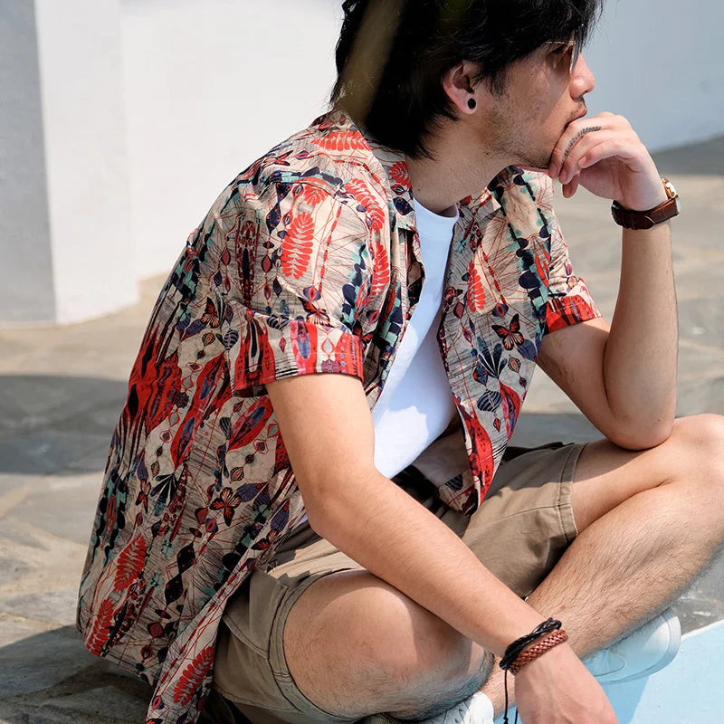 Hawaiian Orange Geometric Print Shirt