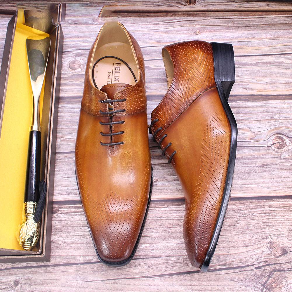 Genuine Leather Jagged Pattern Brown Oxford Shoes