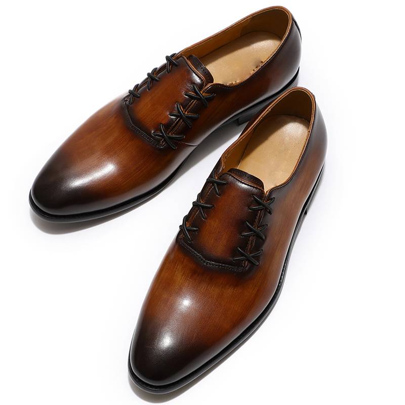 Pointed Toe Genuine Leather Criss Cross Lid Lace Up Style Men Shoes