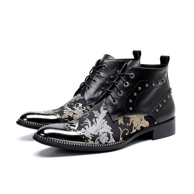 Bottines en cuir véritable à motif baroque au design luxueux pour hommes