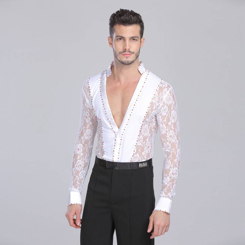Deep V Lace Manches Longues Latin Salsa Style Hommes Chemises