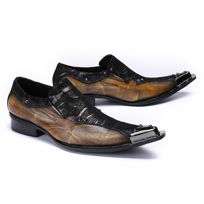 Metal Toe Two Tone Patchwork Black Dark Brown Men Loafers Shoes
