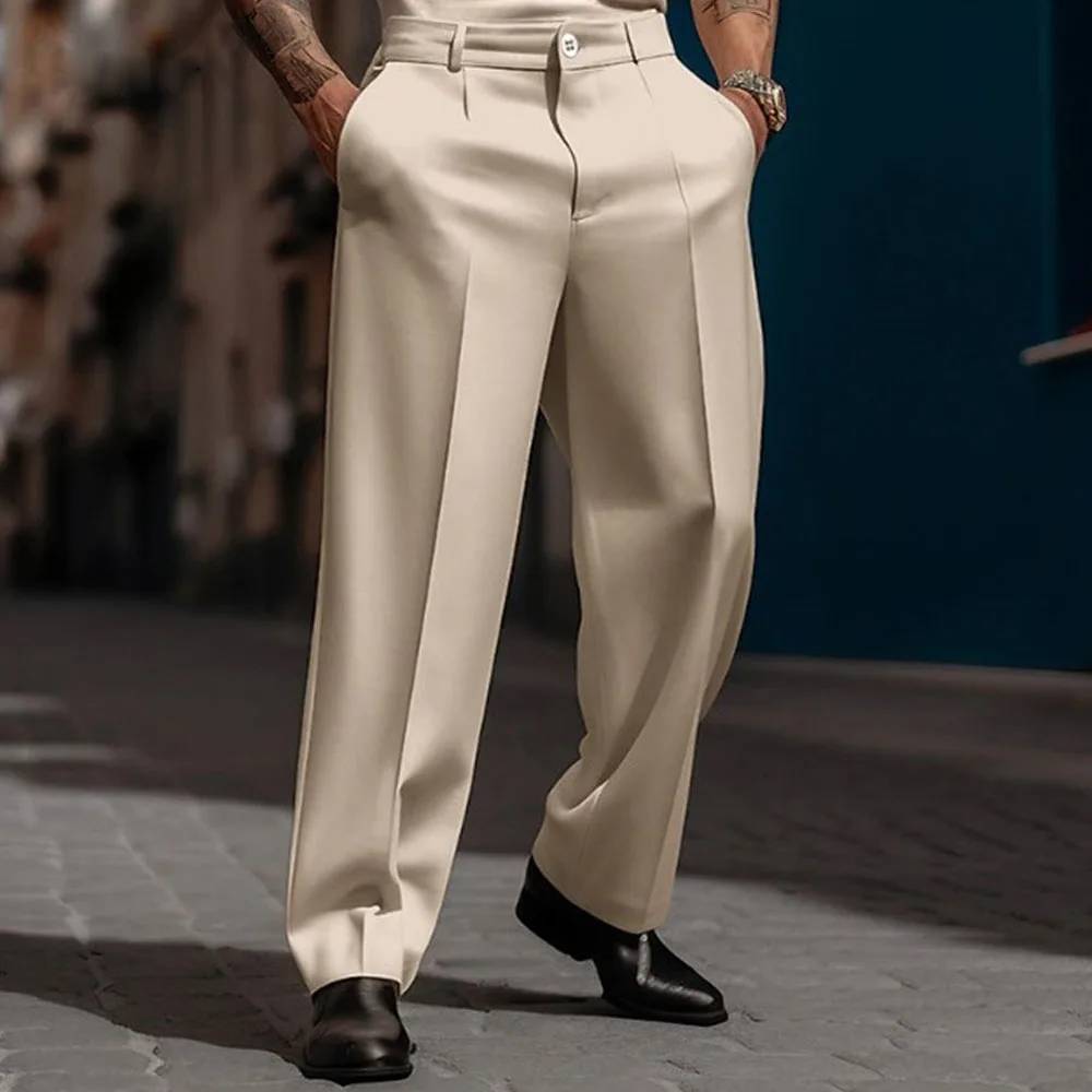 Formal Solid Stand Pocket Straight Trousers