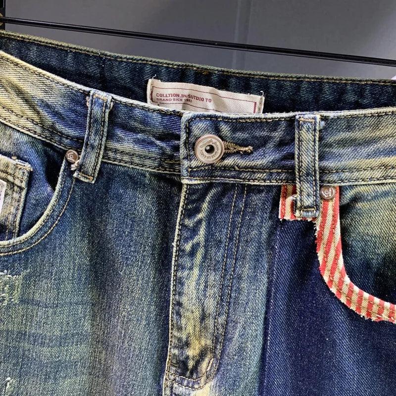 Retro Loose Stitching Design Baggy Jeans