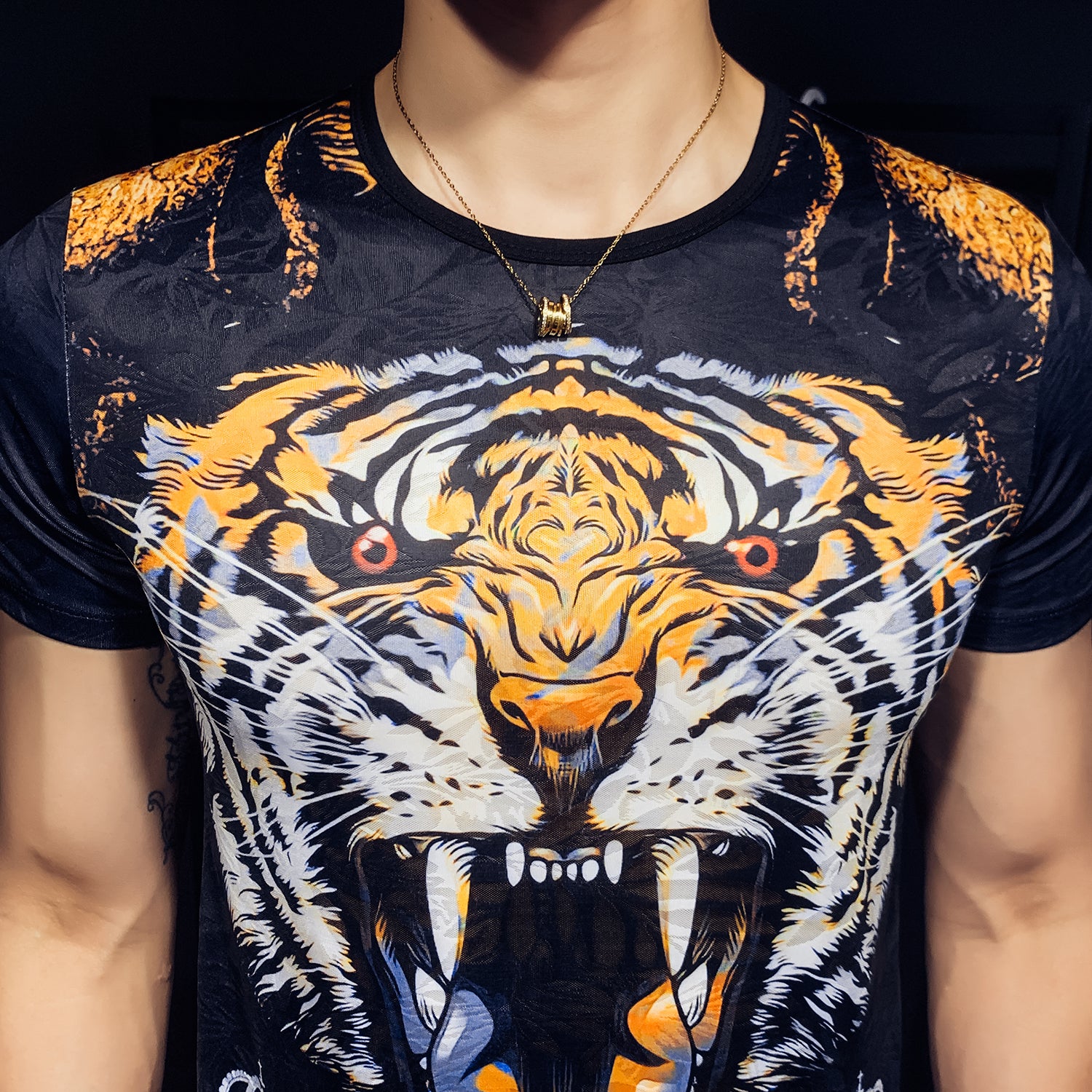 Tiger Head Print Men Ice Silk Stretch T-Shirt