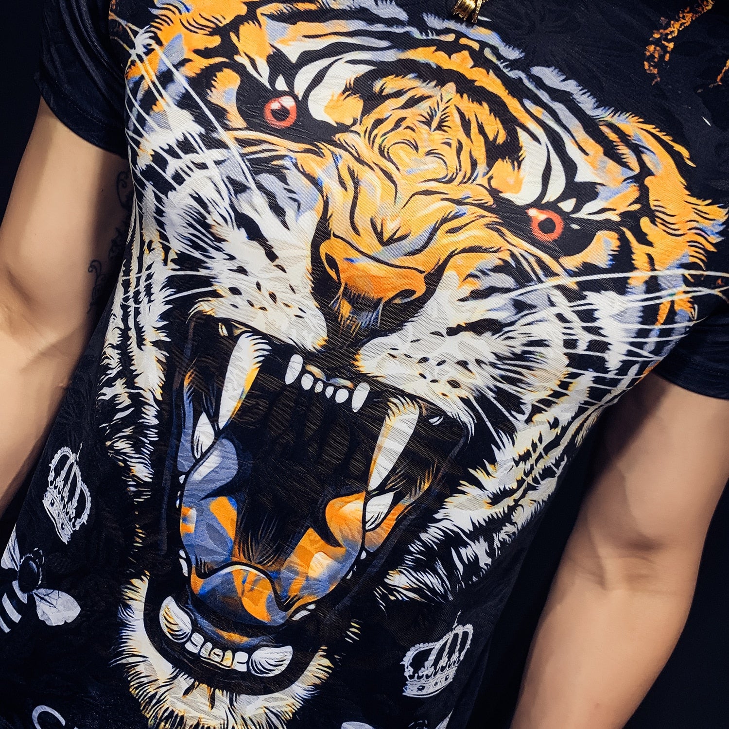 Tiger Head Print Men Ice Silk Stretch T-Shirt