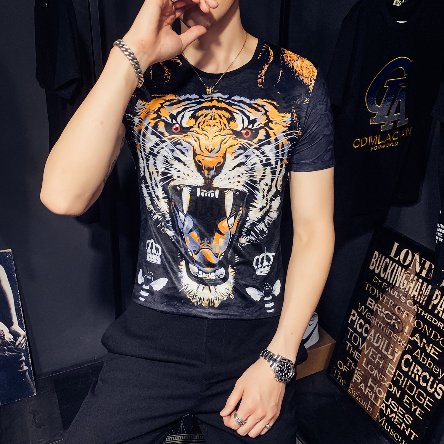 Tiger Head Print Men Ice Silk Stretch T-Shirt